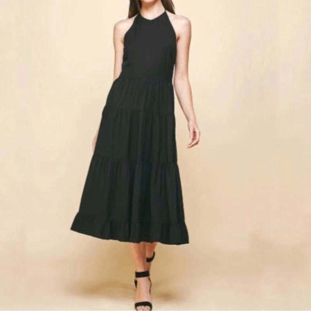 Pinch Black Sleeveless Smocked Tiered Halter Maxi Dress Sz L NWT